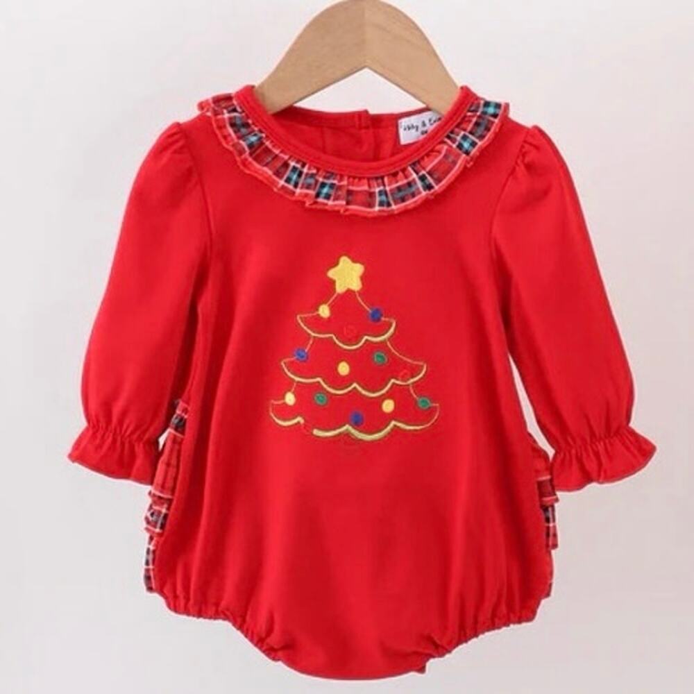 NEW Abby & Evie Red Plaid Ruffle Christmas Tree‎ Bubble Romper 3M